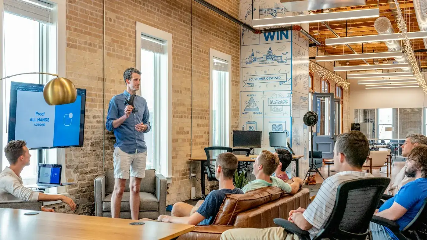 A team presentation in an open office